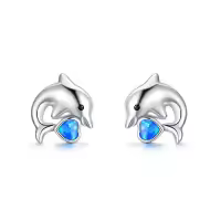 TOUPOP Sterling Silver Opal Animal Stud Earrings: Turtle Dolphin Dragon Dinosaur Ladybug Shark Narwhal-style_name:Dolphin Earrings