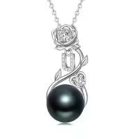 TOUPOP Sterling Silver Black Pearl Rose Letter Pendant Necklace-style_name:Rose Letter U