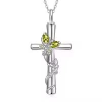 TOUPOP White Gold Plated S925 Sterling Silver with Birthstone Butterfly Urn Necklace for Ashes-color_name:Butterfly Cross Urn-Aug