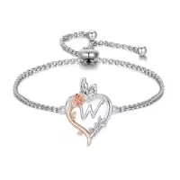 TOUPOP Sterling Silver & Crystal Rose Heart Initial Letter Link Bracelet-style_name:Initial W