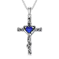 TOUPOP Sterling Silver Birthstone Heart Cross Pendant Necklace For Women-color_name:09-Sapphire-September