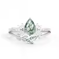 TOUPOP 10k 14k 18k Gold Sterling Silver Moss Agate Moissanite Pear Bridal Wedding Ring Set-style_name:C Moss Agate Moissanite Ring