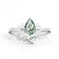 wholesale TOUPOP Natural Moss Agate Moissanite Wedding Ring Set For Women Pear Shaped Natural Moss Agate Ring Bridal Set 925 Sterling Silver 10k 14k 18k Solid Gold Engraved Egagement Anniversary Ring For Wife -style_name:C Moss Agate Moissanite Ring