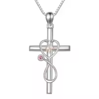 TOUPOP Sterling Silver Birthstone Stethoscope Cross Necklace for Nurse-color_name:10-October-Pink Tourmaline
