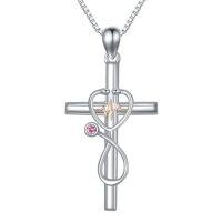 wholesale Gifts For Nurse 925 Sterling Silver Stethoscope Cross Necklace Nurses Birthstone Jewelry Nursing Themed Medicine Nurses Day Christmas Gifts Doctor Medical Student Rn -color_name:10-October-Pink Tourmaline