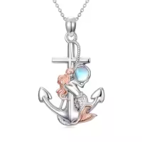 TOUPOP Sterling Silver Dolphin Mermaid Turtle Starfish Anchor Ocean Pendant Necklace-style_name:Mermaid