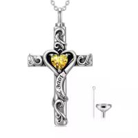 TOUPOP Sterling Silver Birthstone Cross Urn Necklace for Ashes with Filler-color_name:11-November-Citrine