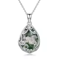 TOUPOP Sterling Silver & Gemstone Filigree Teardrop Pendant Necklace-color_name:Moss Agate