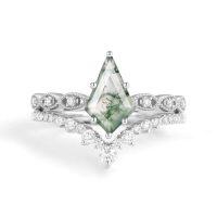 wholesale TOUPOP Personalized Moissanite Natural Moss Agate Wedding Ring Set For Women 925 Sterling Silver Moissanite Bridal Ring Set Engagement Ring Set Anniversary Natural Moss Agate Promise Rings For Her -style_name:C Moss Agate Moissanite Ring