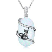 wholesale Opal Mama Bear/panda/cat/koala/sloth/cardinal/unicorn Necklace 925 Sterling Silver Opal Animal Pendant Jewelry Birthday Christmas Gifts Women Her -color_name:Black Cat