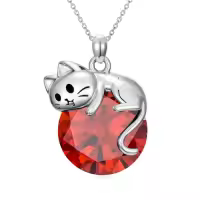 TOUPOP Sterling Silver Cat Birthstone Pendant Necklace Gift for Women-color_name:01-January-Garnet