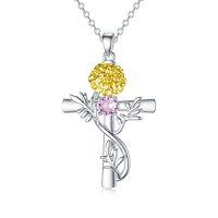 wholesale TOUPOP Cross Birthstone Necklace 925 Sterling Silver Birth Flower Necklace Cross Month Flower Jewelry Birthday Christmas Gifts For Women Her -style_name:10-October-Marigold