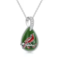 TOUPOP Sterling Silver Jade Hummingbird Dragonfly Butterfly Bee Cat Cardinal Owl Fox Sloth Necklace-style_name:Cardinal-White Gold