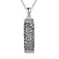 TOUPOP Sterling Silver Tree Of Life Cylinder Urn Pendant Necklace For Ashes Keepsake Memorial-style_name:5-Lily