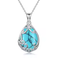 TOUPOP Sterling Silver & Gemstone Filigree Teardrop Pendant Necklace-color_name:Turquoise