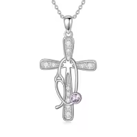 TOUPOP Sterling Silver Birthstone Cross Stethoscope Nursing Necklace Pendant-style_name:6-Jun-Alexandrite
