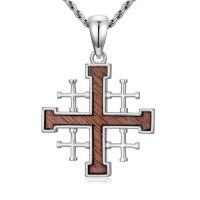 wholesale Jerusalem Cross Necklace For Men 925 Sterling Silver Silver Cross Pendant Faith Jewelry Protection Necklace Gift For Father Dad Son -style_name:Wooden