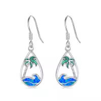 TOUPOP Sterling Silver Blue Opal Ocean Wave Teardrop Earrings-style_name:Palm Tree