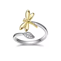 TOUPOP Sterling Silver Gemstone Bee Hummingbird Butterfly Ladybug Dragonfly Owl Open Rings-style_name:3-Dragonfly