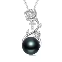 TOUPOP Sterling Silver Black Pearl Rose Letter Pendant Necklace-style_name:Rose Letter T