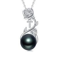 wholesale Rose Black Pearl Necklace Sterling Silver Black Pearl Rose Initial A To Z Letter Pendant Necklace Anniversary Jewelry Christmas Valentine Birthday Gifts For Women Wife Her Mom -style_name:Rose Letter T