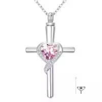 TOUPOP Sterling Silver Crystal Cross Urn Necklace Memorial Keepsake Jewelry-color_name:10-October-Pink Tourmaline