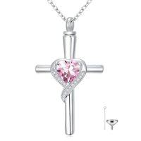 wholesale TOUPOP Cross Urn Necklaces For Ashes Birthstone Cremation Jewelry 925 Sterling Silver Crystal Memorial Keepsake Funeral Jewelry For Women (with Funnel Filler) -color_name:10-October-Pink Tourmaline