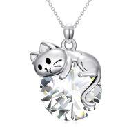 wholesale Cat Birthstone Necklace 925 Sterling Silver Cats Pendant Jewelry Birthday Christmas Gifts For Women Cat Lovers -color_name:04-April-Cubic Zircon