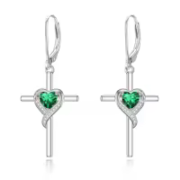TOUPOP Sterling Silver Birthstone Heart Cross Drop Dangle Earrings-color_name:05-Emerald-May.