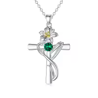 TOUPOP Sterling Silver Birthstone Birth Flower Cross Necklace-style_name:5-May-Lily