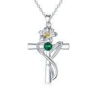 wholesale TOUPOP Cross Birthstone Necklace 925 Sterling Silver Birth Flower Necklace Cross Month Flower Jewelry Birthday Christmas Gifts For Women Her -style_name:5-May-Lily