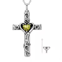 TOUPOP Sterling Silver Birthstone Cross Urn Necklace for Ashes with Filler-color_name:08-August-Peridot