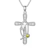 TOUPOP Sterling Silver Birthstone Cross Stethoscope Nursing Necklace Pendant-style_name:8-Aug-Peridot