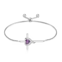 TOUPOP Sterling Silver Birthstone Cross Heart Bracelet Fine Jewelry Gifts-color_name:02-Amethyst-Feb.