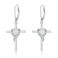 TOUPOP Sterling Silver Birthstone Heart Cross Drop Dangle Earrings-color_name:10-Opal-Oct.