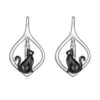 TOUPOP Sterling Silver Stone Animal Leverback Hoop Earrings-style_name:Black Cat