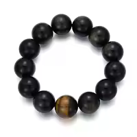 TOUPOP Stainless Steel Tiger Eye Obsidian Agate Tibetan Beads Stretch Bracelet-style_name:C-Tiger Eye Stone(with Black Obsidian),Bead size 15.5mm Wrist:7-9inch