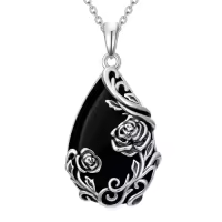 TOUPOP Sterling Silver Black Onyx Daisy Hibiscus Lotus Rose Peony Sunflower Pendant Necklace-style_name:Rose