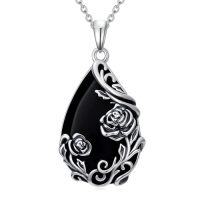 wholesale Daisy/hibiscus/lotus/rose/peony/sunflower Necklace 925 Sterling Silver Teardrop Black Onyx Pendant Vintage Flower Jewelry Gifts For Women -style_name:Rose