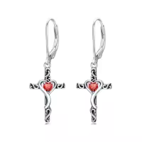 TOUPOP Sterling Silver Birthstone Heart Cross Dangle Drop Earrings-color_name:07-July-Ruby