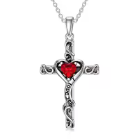 TOUPOP Sterling Silver Birthstone Heart Cross Pendant Necklace For Women-color_name:01-Garnet-January