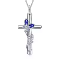 TOUPOP White Gold Plated S925 Sterling Silver with Birthstone Butterfly Urn Necklace for Ashes-color_name:Butterfly Cross Urn-Sep