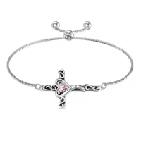 TOUPOP 925 Sterling Silver Birthstone Cross Heart Bracelet For Women-color_name:10-October-Pink Tourmaline