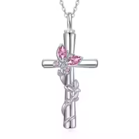 TOUPOP White Gold Plated S925 Sterling Silver with Birthstone Butterfly Urn Necklace for Ashes-color_name:Butterfly Cross Urn-Oct