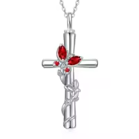 TOUPOP White Gold Plated S925 Sterling Silver with Birthstone Butterfly Urn Necklace for Ashes-color_name:Butterfly Cross Urn-Jan