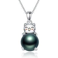 wholesale Black Pearl Necklace For Women Sterling Silver Black Freshwater Pearl Horse/cat/unicorn/mermaid Animal Pendant Necklace Jewelry Anniversary Christmas Birthday Gifts For Wife Mon Friends Her -style_name:Cat