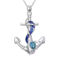 TOUPOP Sterling Silver Dolphin Mermaid Turtle Starfish Anchor Ocean Pendant Necklace-style_name:Turtle and Waves