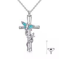 TOUPOP White Gold Plated S925 Sterling Silver with Birthstone Dragonfly Urn Necklace for Ashes-color_name:Dragonfly Cross Urn-Dec
