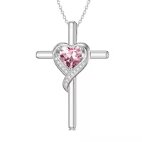 TOUPOP Sterling Silver Birthstone Cross Necklace Heart Pendant Gift for Women-color_name:10-Pink Tourmaline-Oct.