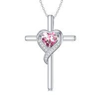 wholesale TOUPOP Birthstone Cross Necklace For Women 925 Sterling Silver Heart Cross Pendant Necklace Birthday Christmas Jewelry Gifts For Her Girlfriend -color_name:10-Pink Tourmaline-Oct.